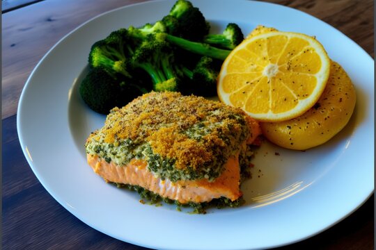  a plate of food with broccoli and a piece of salmon on it with a side of broccoli and lemon wedges.  generative ai