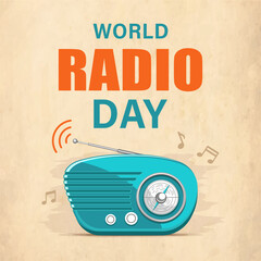 Greeting card for the holiday world radio day with a blue radio antenna in retro style on a beige background