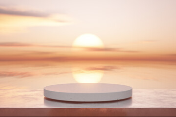 3D podium with copy space for product display presentation on tropical sunset beach abstract background. Tropical summer and vacation concept.