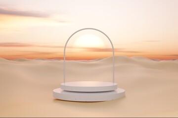 3D podium with copy space for product display presentation on tropical sunset beach abstract background. Tropical summer and vacation concept.