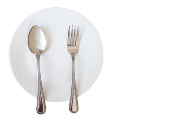 silverware spoon and folk with white dish isolated on white background