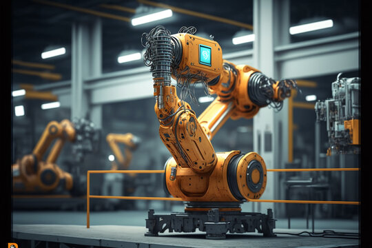 AI computer technology smart factory, industry 4.0, M2M computer aided manufacturing , 3D humanoid robot working in factory with machine, artificial intelligence future industry engineering. A.I