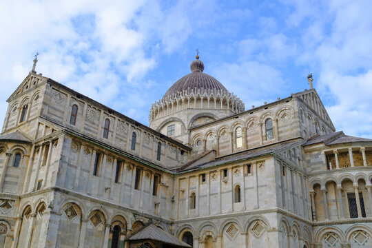 piazza dei miracoli city. Duomo di Pisa from beneath across the blue sky closeup. Square of miracles/piazza dei miracoli, Italy