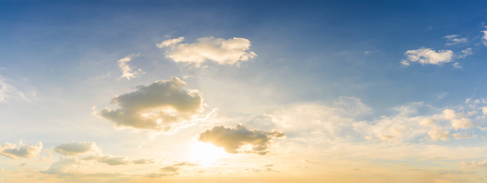 Panorama sunset sky for background or sunrise sky and cloud at morning.	