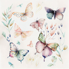 Watercolor painting generative Ai illustration of background with butterflies - 565018884