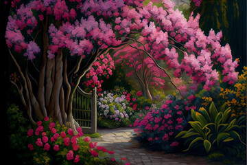 Naklejka premium Oil painting art poster, generative Ai of flowers in the garden