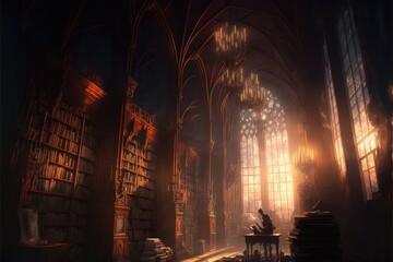 Studying in gothic library. Fantasy magical scene. Generative ai.