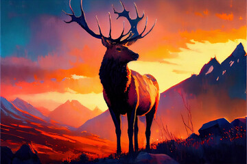 Oil painting art poster, generative Ai of deer in sunset