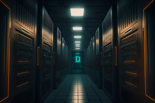 A Glimpse Into The Heart Of The Digital Age: Rows Of Servers Hum Quietly In A Dimly-lit Data Center Room