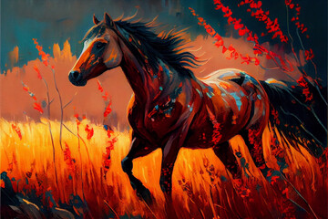 Oil painting art poster, generative Ai of horse in the field