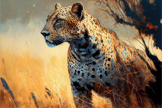 Oil painting art poster, generative Ai of portrait of a leopard