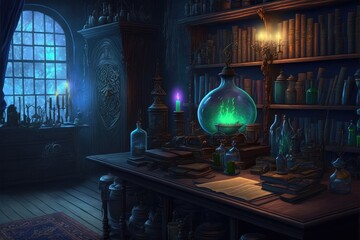 Wizards alchemy lab. Fantasy magical scene. Generative ai. - obrazy, fototapety, plakaty