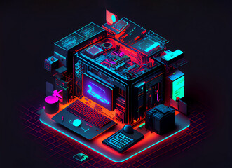 Isometric computer graphic. Modern computer desktop. Digital project of isometric PC. Futuristic model of computer. Computer in 3d. Development environment of programming software. Computer technology