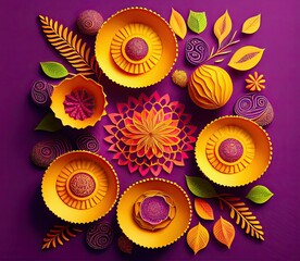 Diwali, festival of lights holiday design with Indian Rangoli, mandala. Purple, yellow colors.