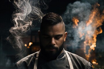 a close up of a african descent chef with smoke in the background -- AI Generated