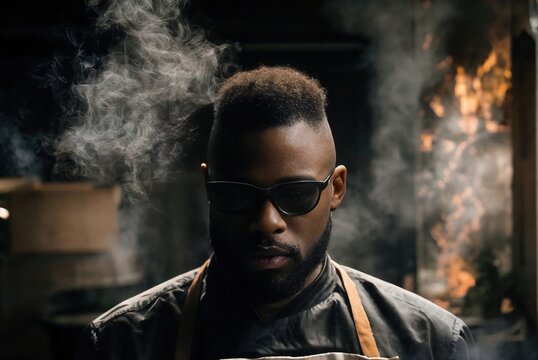 a close up of a african descent chef with smoke in the background -- AI Generated