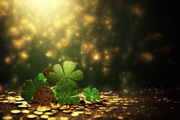 Clover Shamrocks, golden coins and bokeh. Festive image for St. Patrick's day. Generative AI.	
 - obrazy, fototapety, plakaty