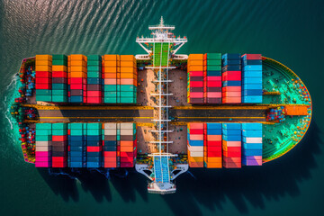 Ship with colorful containers seen from above. Generative Ai.  - obrazy, fototapety, plakaty