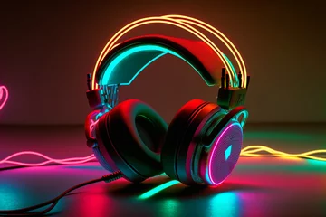 Tuinposter Headphone and vivid colors. Creative music and festival concept. Generative Ai.   © belyaaa