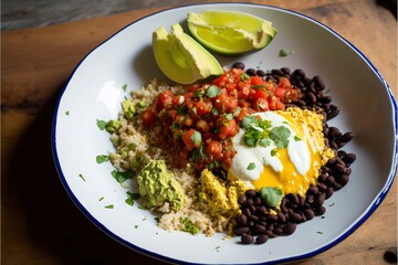  a plate of food with beans, rice, avocado, and salsa on it on a table with a wooden table top and a wooden table.  generative ai