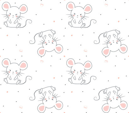 Hand drawn cute rat or mouse seamless pattern background