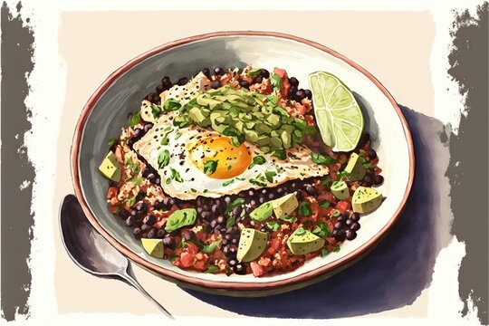 a bowl of beans, avocado, and an egg on top of it with a spoon and a fork on a table top of a white surface.  generative ai