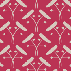 Seamless pattern of symmetrical floral arrangement on deep magenta background
