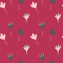 Seamless pattern of scattered flowers on a deep magenta background
