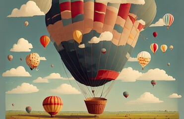 Hot air balloon in sky. AI generated art illustration. 