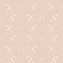 Seamless pattern of symmetrical foliage in a damask style on a pale coral background
