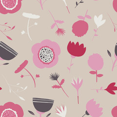 Seamless pattern of scattered flowers on a beige background
