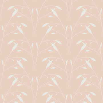 Seamless pattern of symmetrical foliage in a damask style on a pale coral background
