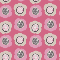 Seamless pattern of large pink and beige flowers on a pink background 
