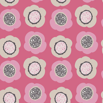 Seamless pattern of large pink and beige flowers on a pink background 
