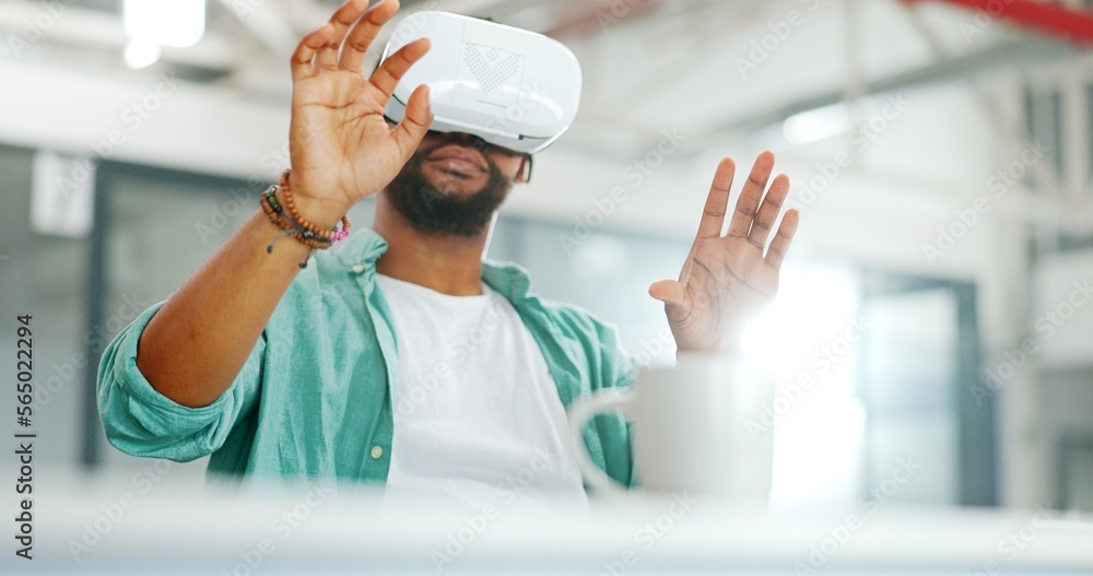 Aufkleber virtual reality metaverse, augmented reality vr and black man work on cyber dashboard, digital trans