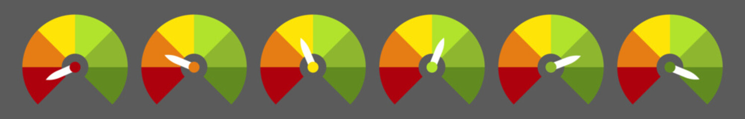 Obraz premium Set of measuring speedometer with emotions. Risk concept on a speedometer. Vector flat