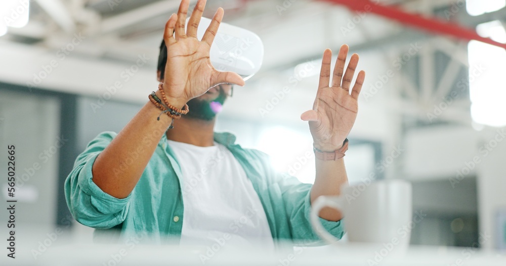 Aufkleber virtual reality metaverse, augmented reality vr and black man work on cyber dashboard, digital trans