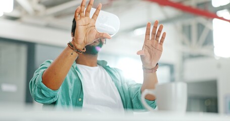 Virtual reality metaverse, augmented reality vr and black man work on cyber dashboard, digital transformation or ai software. Futuristic, headset and creative graphic designer with future simulation