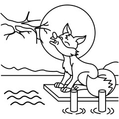 Funny howling wolf cartoon characters vector illustration. For kids coloring book.