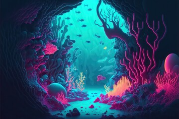 Neon colour,color with fantasy theme digital art painting illustration. Fantasy ocean,moutain,reef land. Generative AI. 