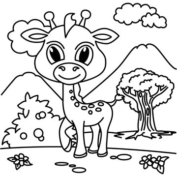 Funny giraffe cartoon characters vector illustration. For kids coloring book.