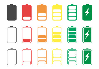 A set of battery level indicator in different colors from red to green. Vector flat