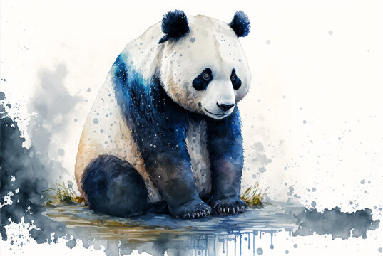 Big panda sitting watercolor paint. Generative AI