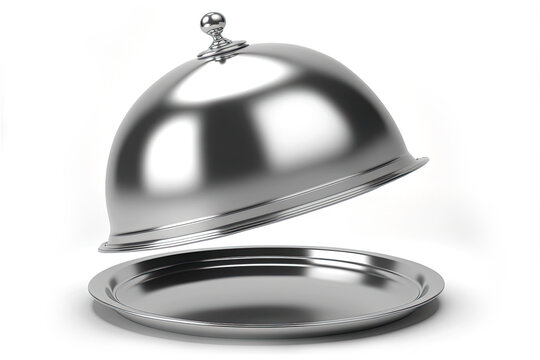 An elegant silver tray, topped with a bell-shaped cloche, restaurant service, horeca