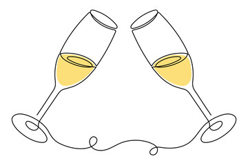 Hand drawn champagne clinking glasses one line art,continuous drawing contour.Cheers toast festive decoration for holidays,romantic Valentine's Day design.Editable stroke. Isolated.Vector