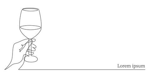 Hand drawn hand holds wine clinking glass one line art,continuous drawing contour.Cheers toast festive decoration for holidays,romantic Valentine's Day design.Editable stroke. Isolated.Vector