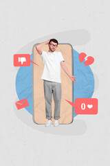 Photo collage template of young funny stressed confused man touch head depressed funny blogger...