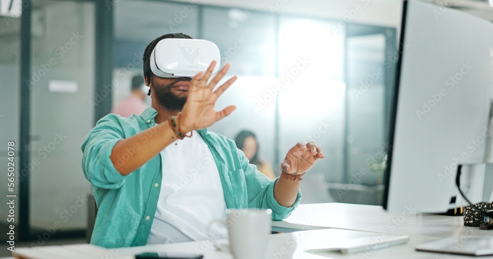Aufkleber virtual reality metaverse, augmented reality vr and black man work on cyber dashboard, digital trans