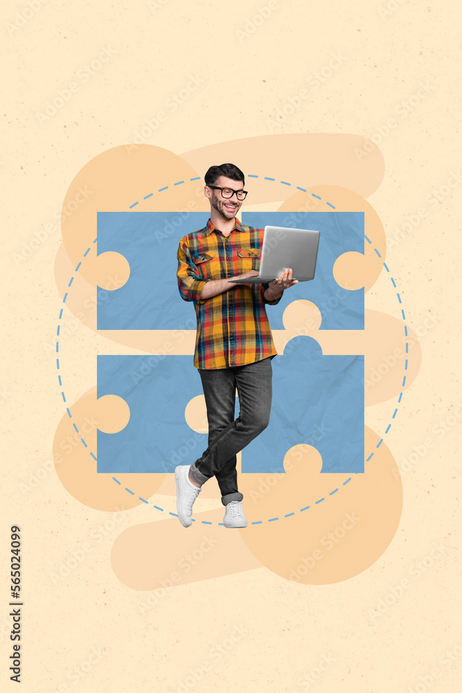 Aufkleber Creative photo collage of young successful positive expert programmer application developer hold laptop isolated on yellow painted background
