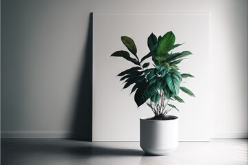  a plant in a white pot on a table next to a white wall and a white frame on the wall behind it is a white wall.  generative ai